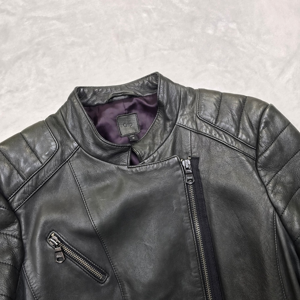 GAP Leather Moto Jacket Womens Medium Black Asymmetrical Zip Cafe Racer - Picture 5 of 16